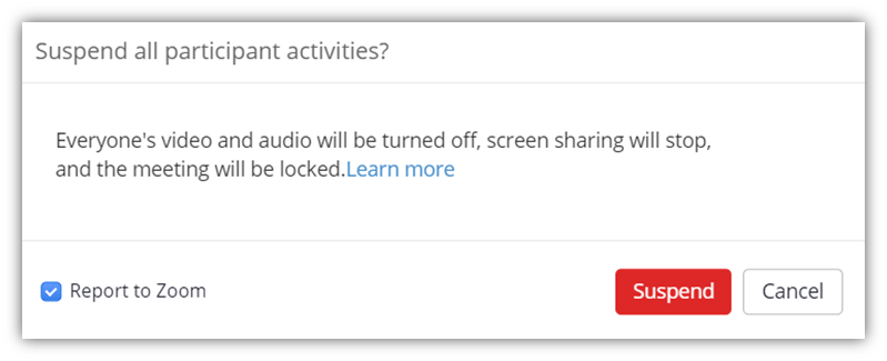 A screenshot of the confirmation window that verifies whether you want to suspend all participant activities in the Zoom security settings for meetings