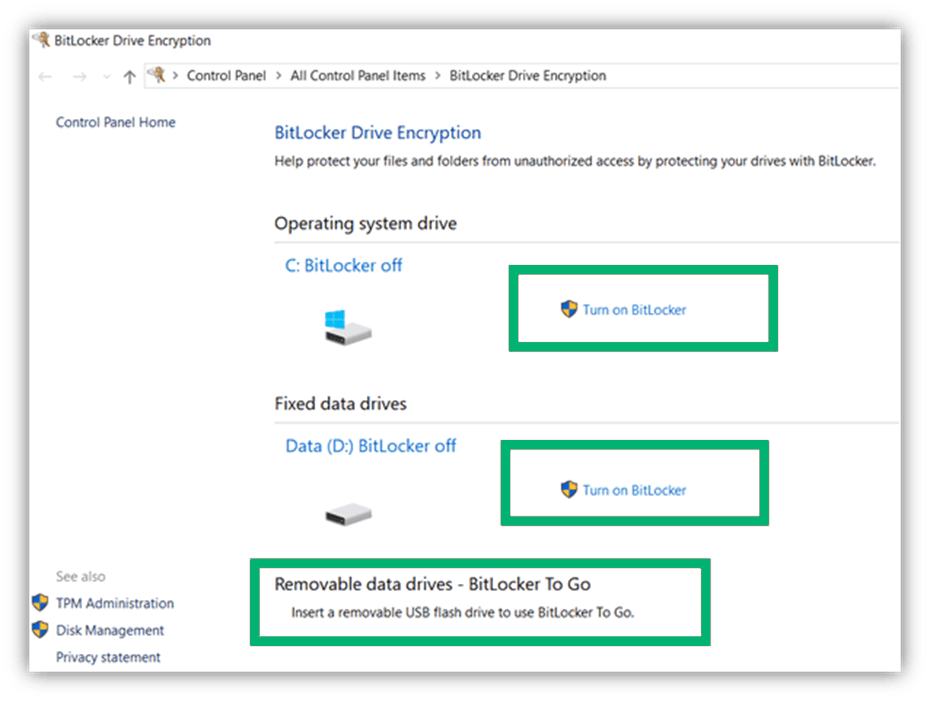 A screenshot that shows how you can protect sensitive information on the C: and D: drives on your device using BitLocker.