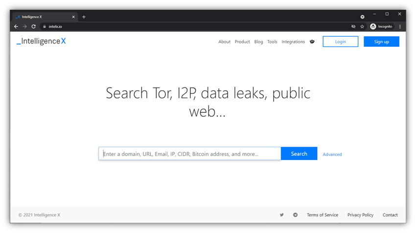 OSINT tools graphic: A screenshot of the search tool on the Intelligence X website that says "Search Tor, I2P, data leaks, public web..."