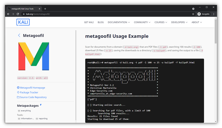 OSINT tools graphic: A screenshot of the Metagoofil-related information on Kali.org.