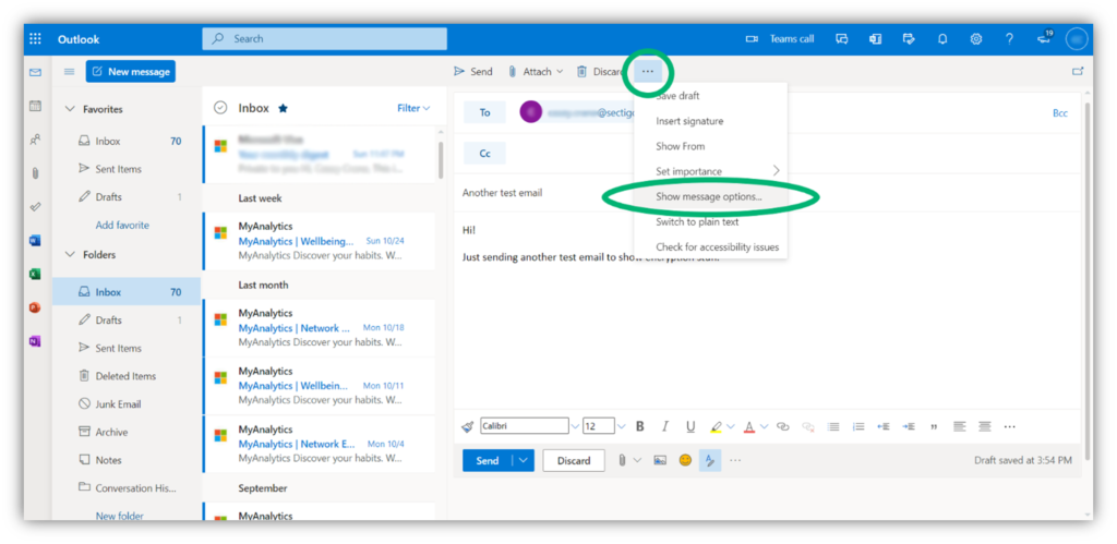 How to send documents securely via email: A screenshot with directions highlighted that shows you part of the process for sending encrypted messages in Outlook web application using an email signing certificate