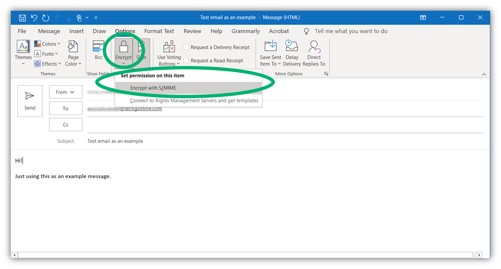 How to send documents securely via email: A screenshot with directions highlighted that shows you how to send encrypted messages in Outlook desktop using an email signing certificate