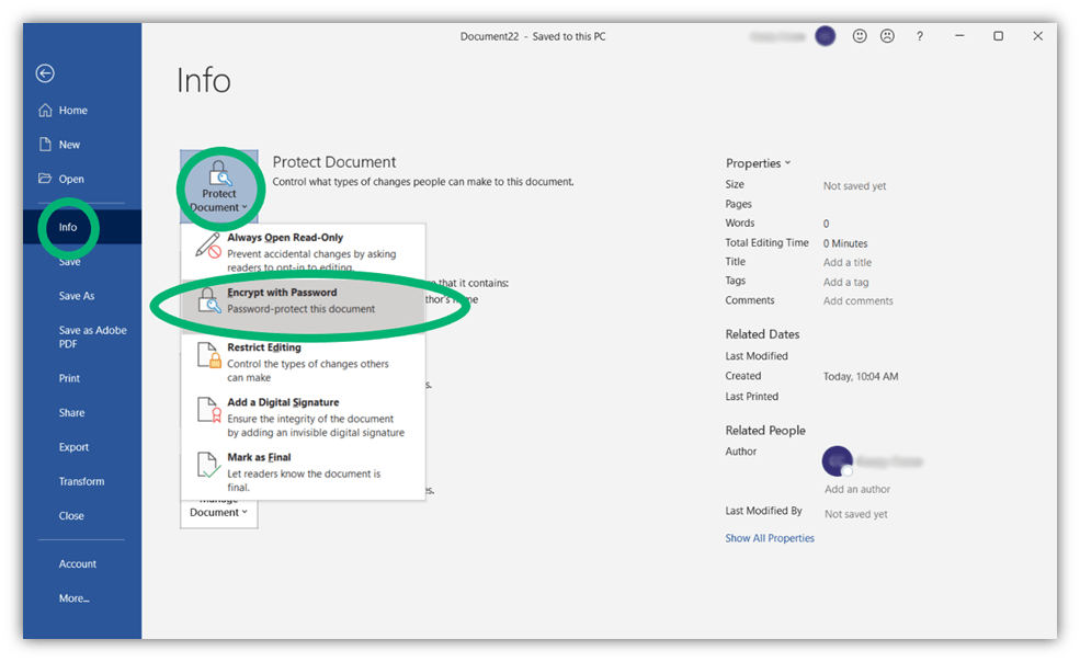 How to send documents securely via email: A screenshot with directions highlighted that shows users how to password-protect messages in Microsoft Word.