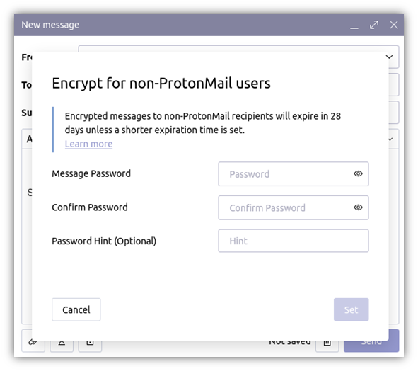 A second screenshot in ProtonMail that shows how to send password-protected messages to non-ProtonMail users.