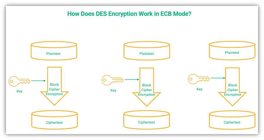 A basic diagram that illustrates how DES encryption works in ECB mode.