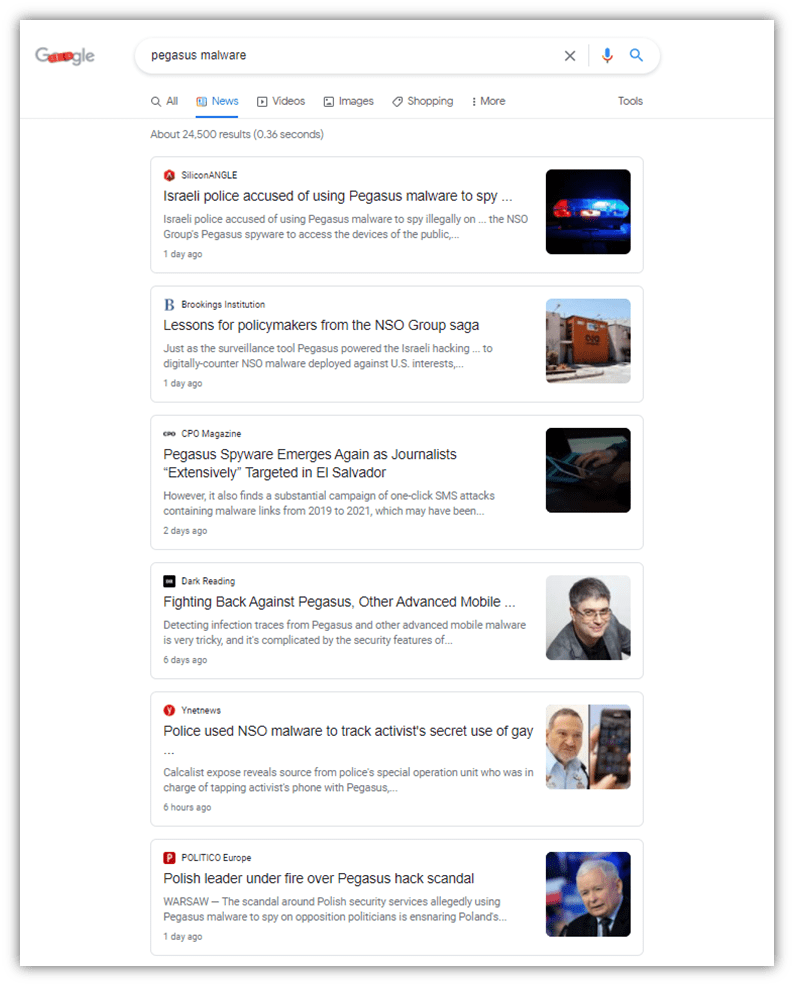 Examples of malware: A screenshot of headlines relating to the Pegasus malware