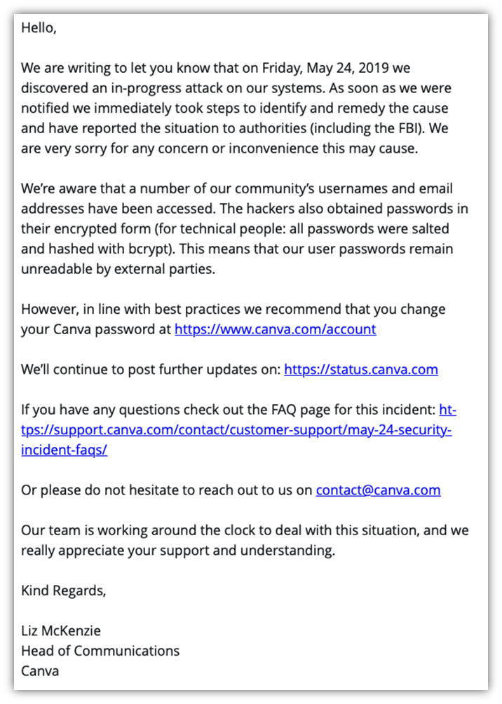 GDPR data breach notification example: A screenshot of an email from Canva