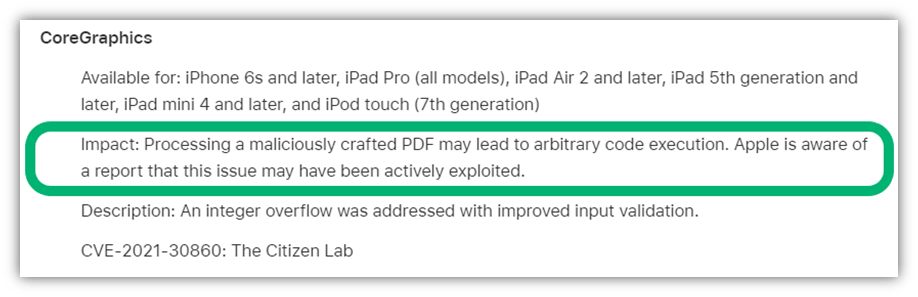 A screenshot of the iOS patch that was released in September 2021 to mitigate this Apple zero click exploit