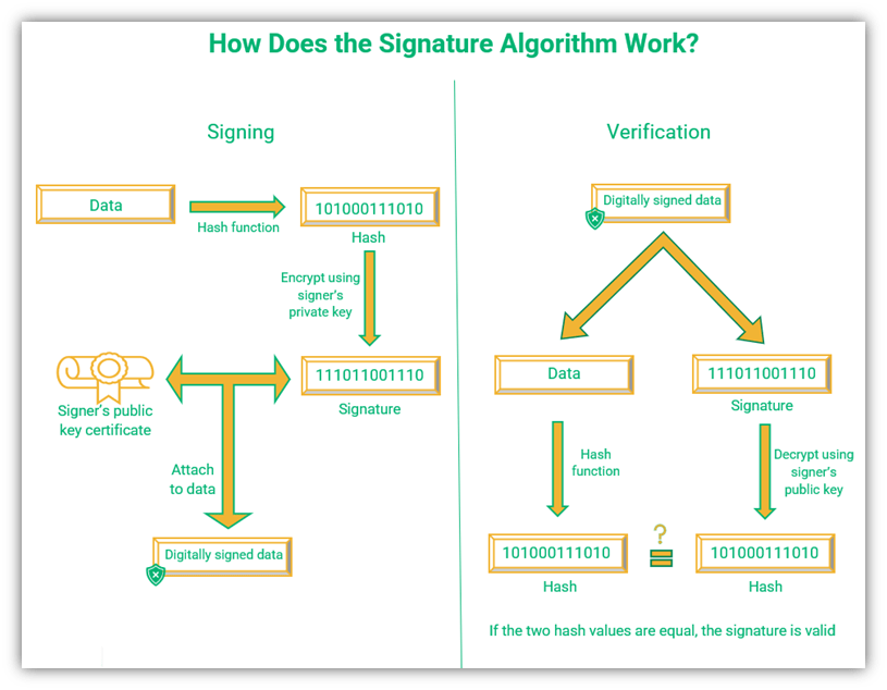An illustration of how a digital signature algorithm works in terms of signing by the sender and verification by the recipient