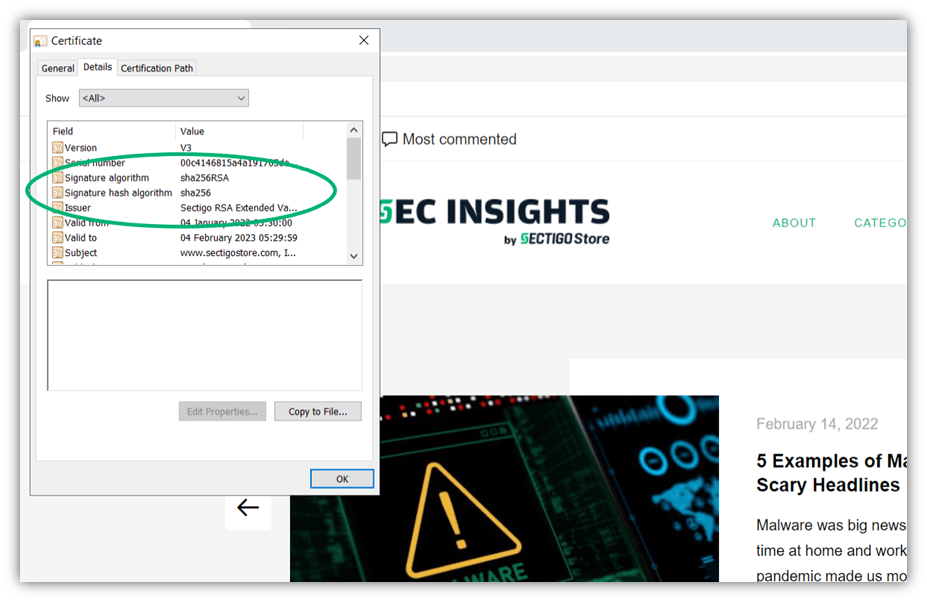 A screenshot of the SectigoStore.com SSL / TLS certificate details that shows it uses a SHA-256 signature hash algorithm.