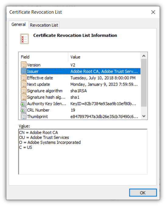 A screenshot of Adobe CA's CRL information that shows issuer information.
