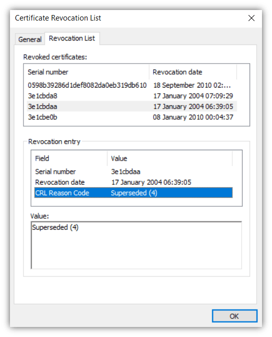 A screenshot of Adobe CA's CRL information that shows certificate-specific information about a certificate that was revoked and the reason why.