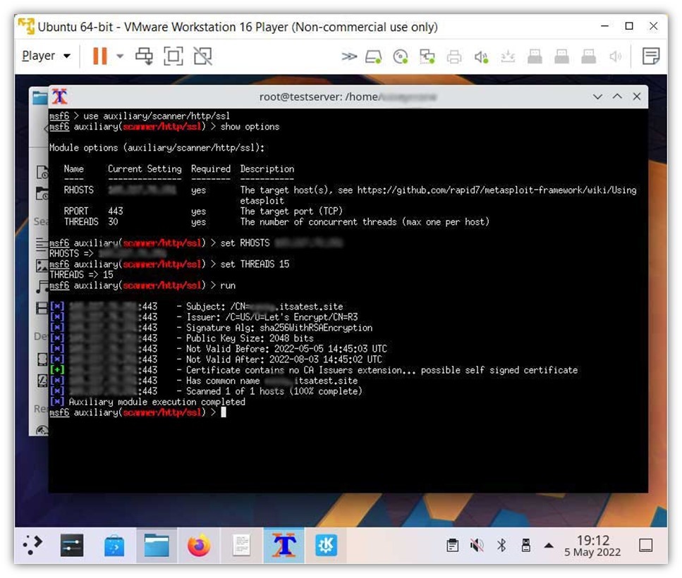 A screenshot within a Linux virtual machine of the Metasploit Framework msfconsole using the SSL scanner tool.