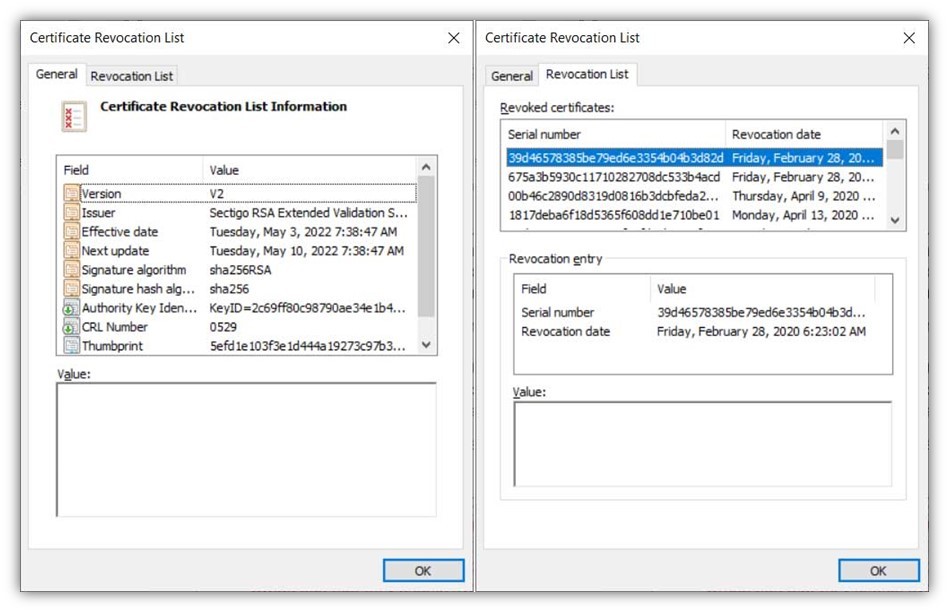 A side-by-side graphic that features two screenshots of information from Sectigo's certificate revocation list. 