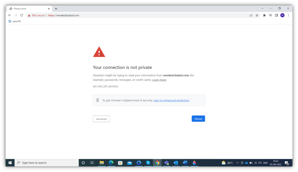 A screenshot of a revoked certificate warning message that browsers display to users when they visit sites that are using one or more certificates on a certificate revocation list (CRL).