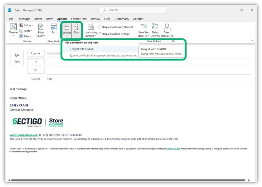 A screen that illustrates how to encrypt an email in Outlook using an S/MIME certificate