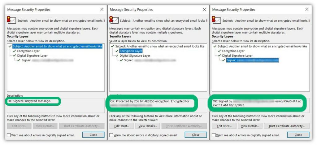 A view of the different message security layers of an encrypted and digitally signed email