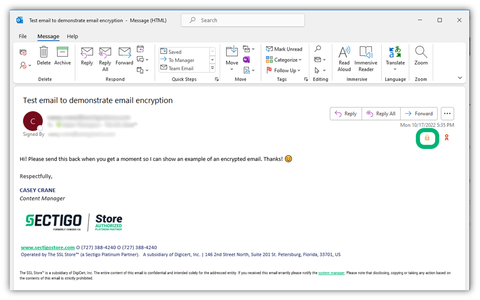 A screenshot of a test encrypted email to show how an encrypted message displays in Outlook on a Windows device when the sender uses your public key to sign the message