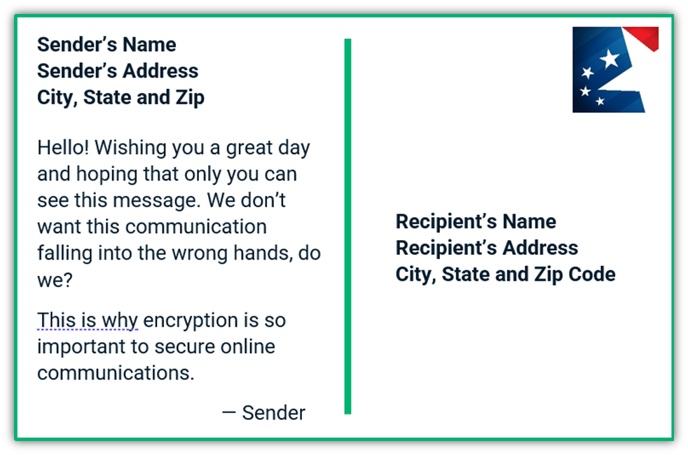 A graphic illustrating the concept of how sending an unencrypted message is like sending a postcard: virtually anyone who comes across the postcard can read the message because it's openly available