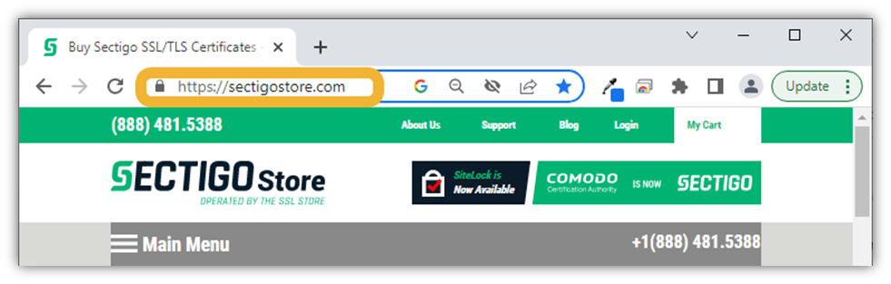 A screenshot of the SectigoStore.com URL with the HTTPS protocol displaying in Chrome.