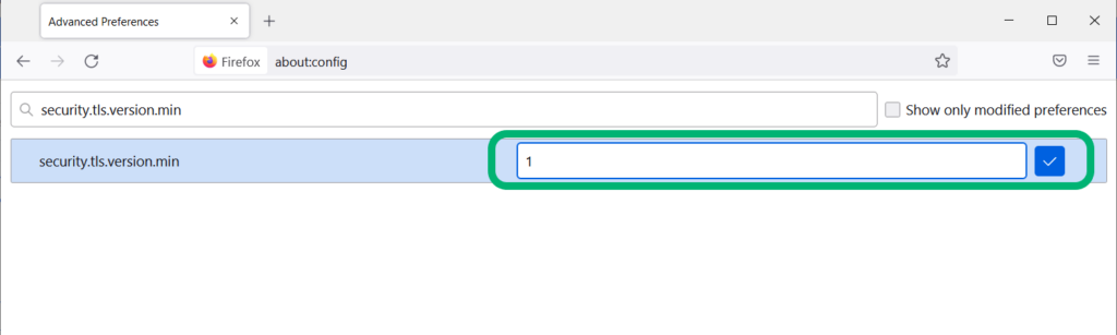 A screenshot of the about:config page in Firefox that allows users to change their browser's TLS version settings