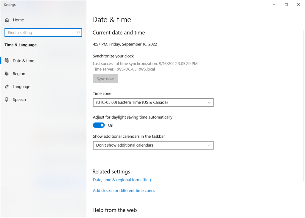 A screenshot of the date and time settings in Windows