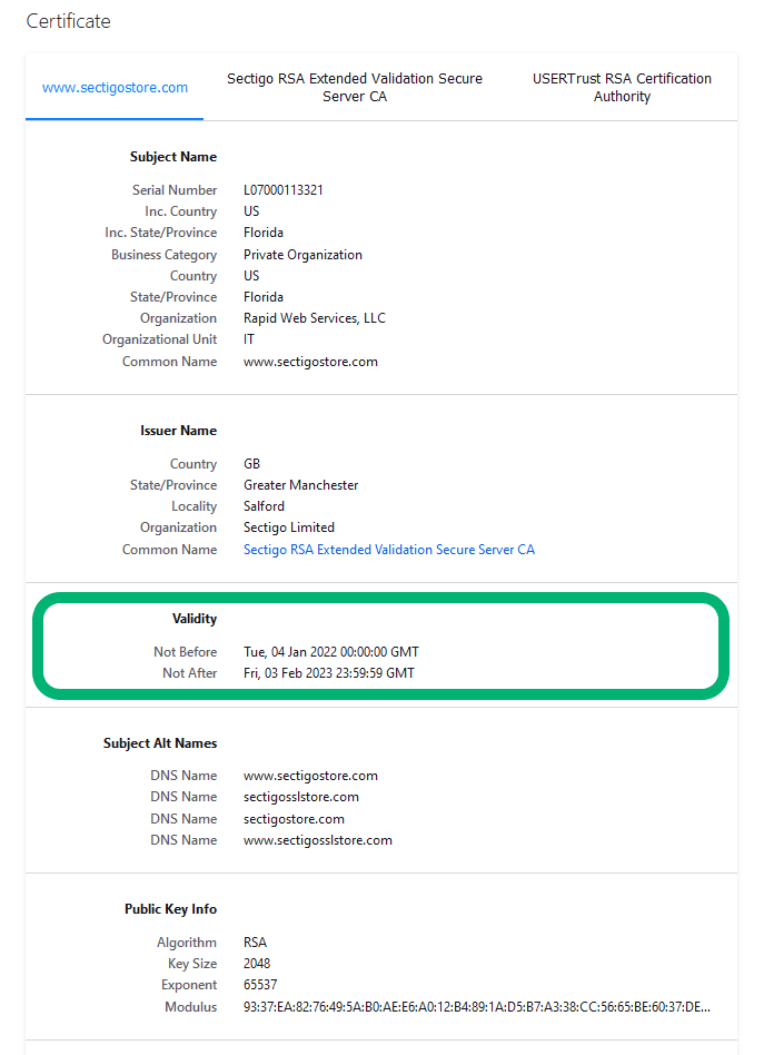 A screenshot of certificate validation-related information from the SSL/TLS certificate for SectigoStore.com