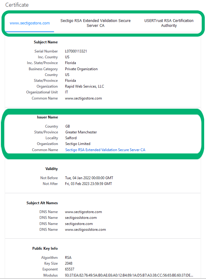 A screenshot of information related to the certificate authority  that issued SectigoStore.com's SSL/TLS certificate  