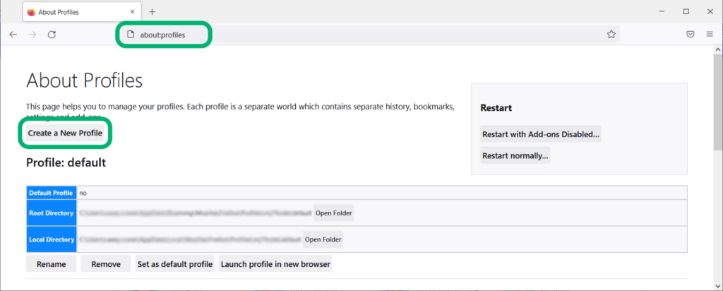 TLS handshake failed graphic: A screenshot of the Profiles information in the Firefox browser