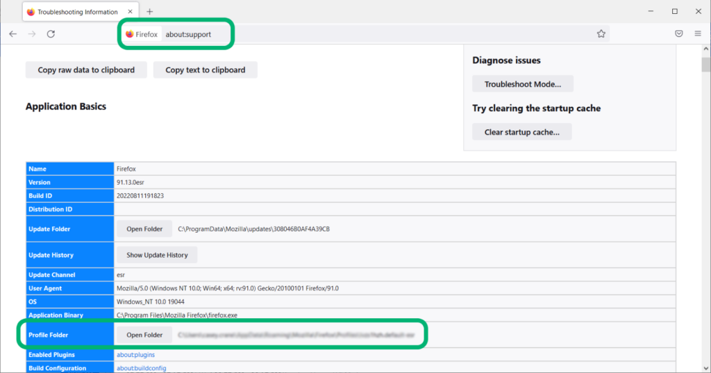 TLS handshake failed graphic: A screenshot of the support window in Firefox