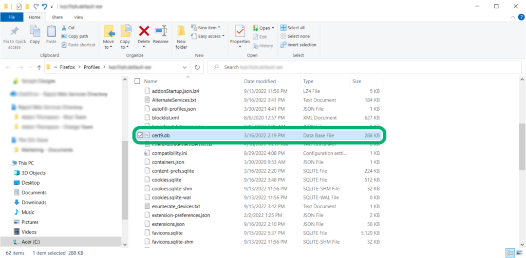 A screenshot of a Firefox folder on a Windows device that displays the cert9.db file