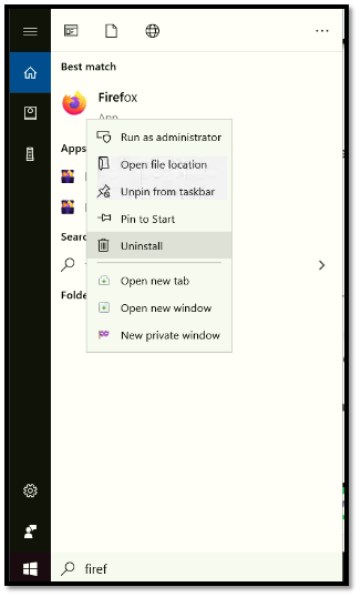 A screenshot of the Uninstall option for Firefox in Windows