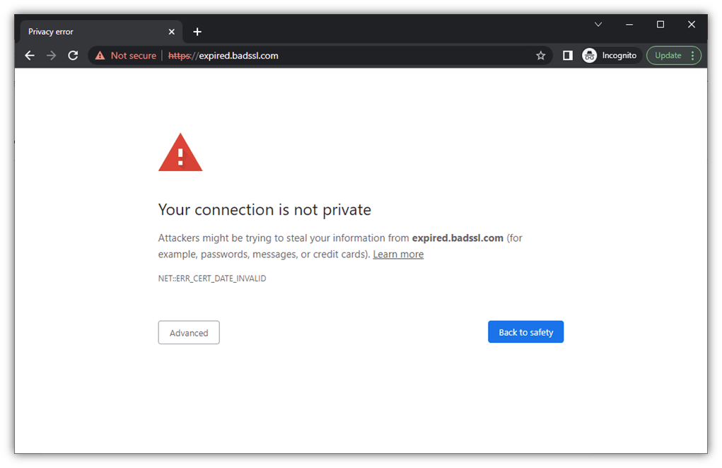 An example of a warning message that displays when you don't have a secure connection in Chrome