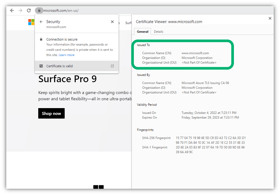A screenshot that showcases how Microsoft's OV website security certificate displays in Chrome