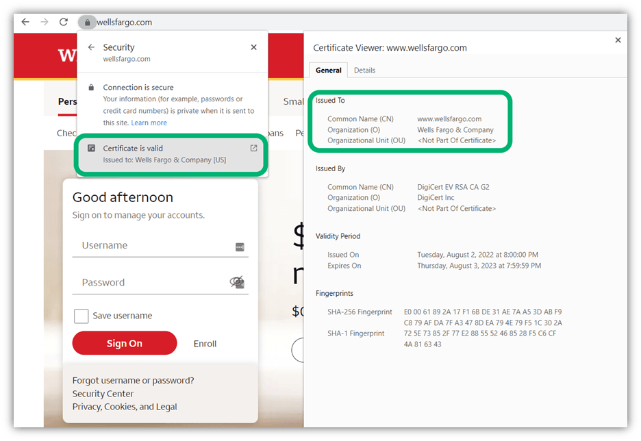 A screenshot that showcases how Wells Fargo's EV website security certificate displays in Chrome