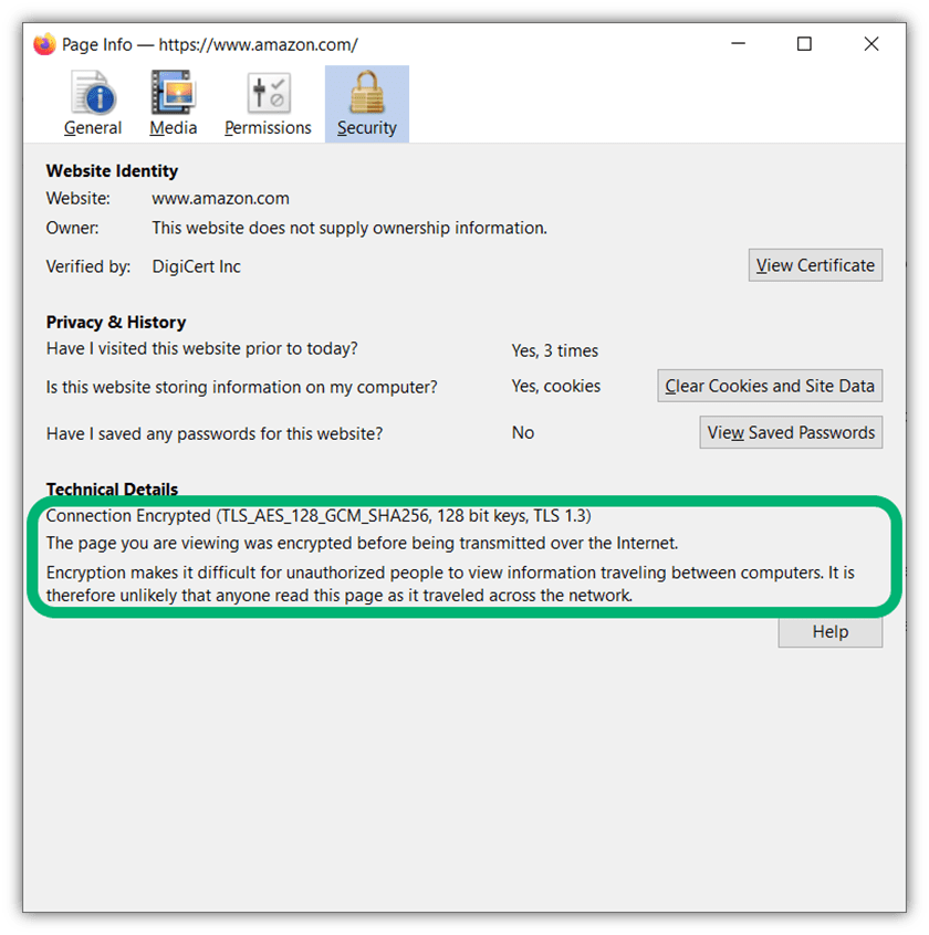 A screenshot of Amazon.com page information as displayed in Firefox. it shows technical details about the cipher suite used in the TLS handshake and connection process.