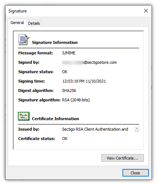 A screenshot of the Outlook digital signature information (who signed it, when, and using which hash and signature algorithms)