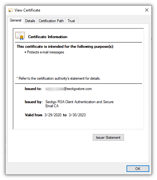 Outlook digital signature graphic: A screenshot of the View Certificate screen