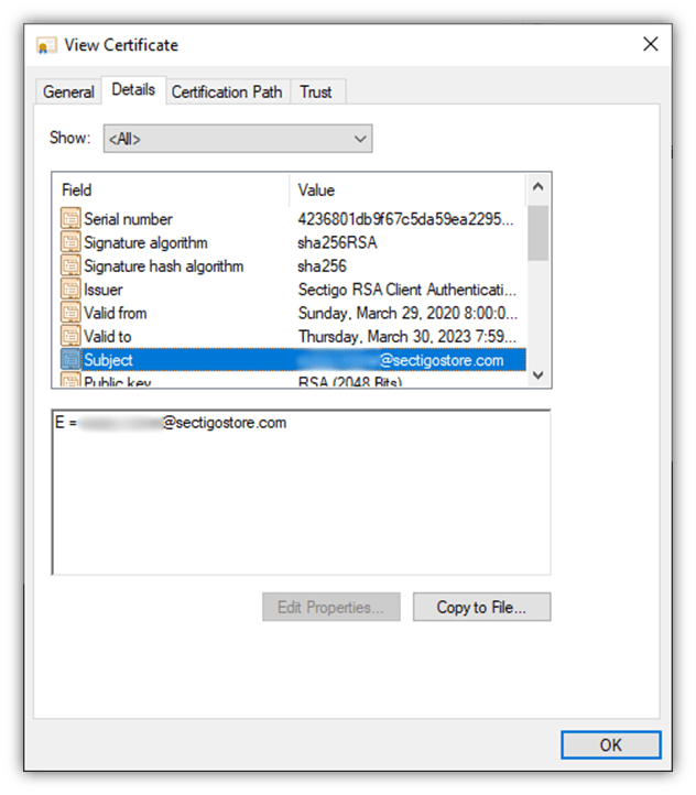 A screenshot that shows the email signer's certificate Subject details and the email address the certificate was issued to.