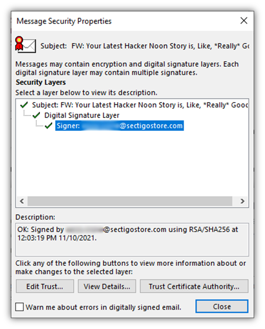 A screenshot of the Message Security Properties window that shows information about who signed the email and when