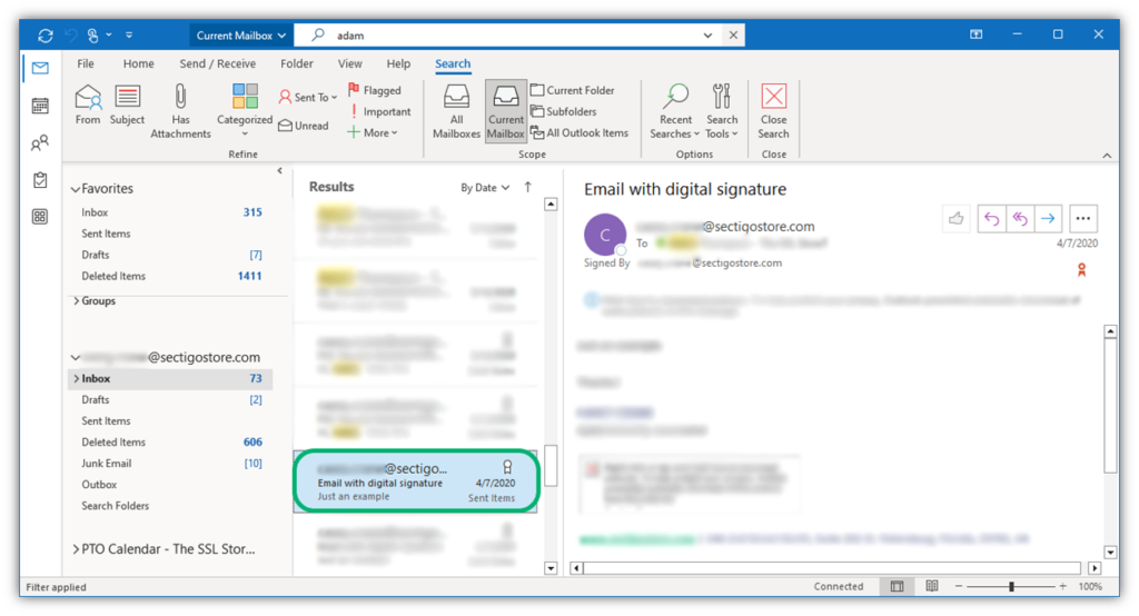 Outlook digital signature graphic: A screenshot of an inbox that shows a ribbon indicating that an email is digitally signed.
