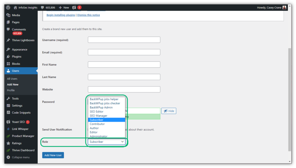 WordPress security best practices graphic: A screenshot of the Users control panel in WordPress where you can set roles.