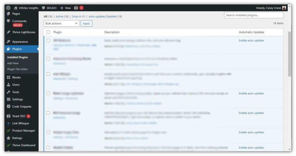 WordPress security tips graphic: A screenshot of the plugins screen where you can set plugins to auto-update