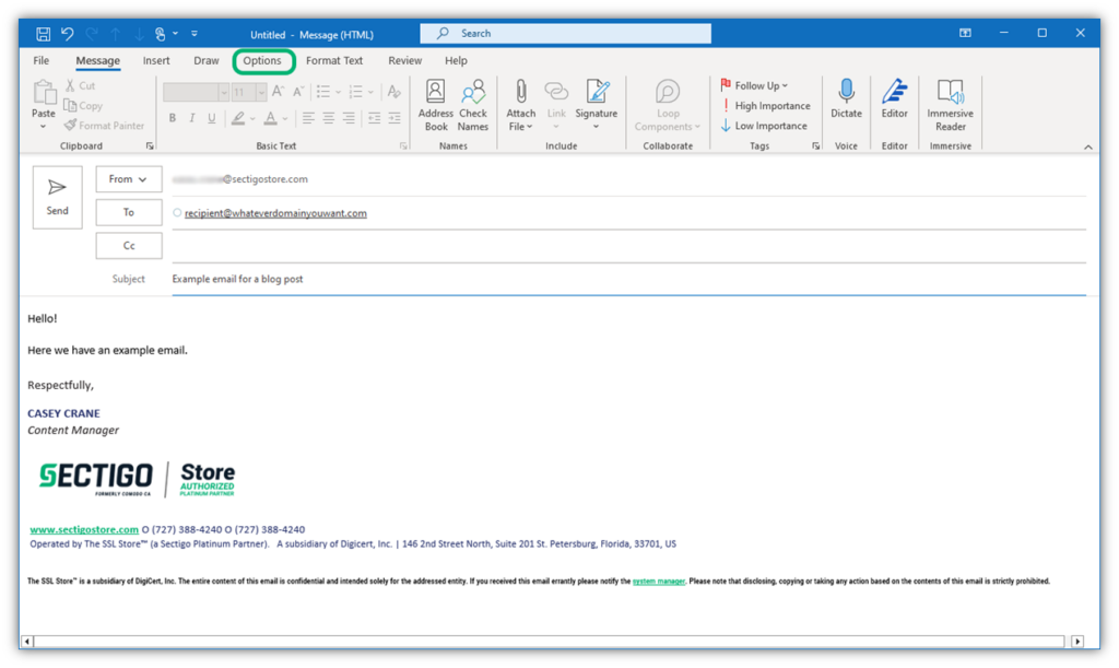 A screenshot of the first step of how to digitally sign an email using Outlook. The Options menu is highlighted in the top navigation bar.