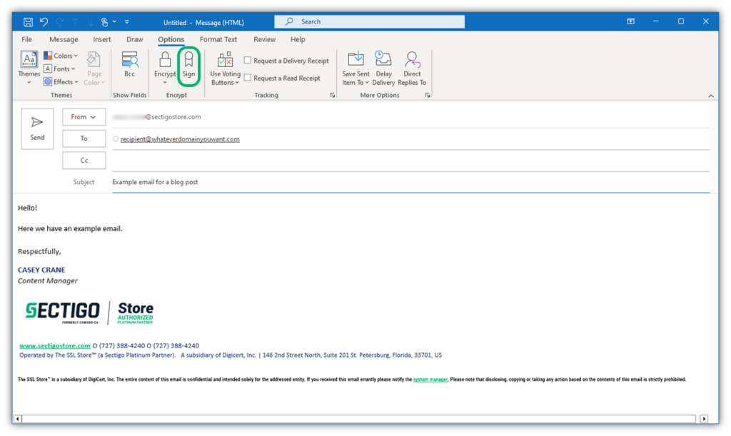 A screenshot of the second step of how to digitally sign an email using Outlook. Under Options, the Sign tool is selected.