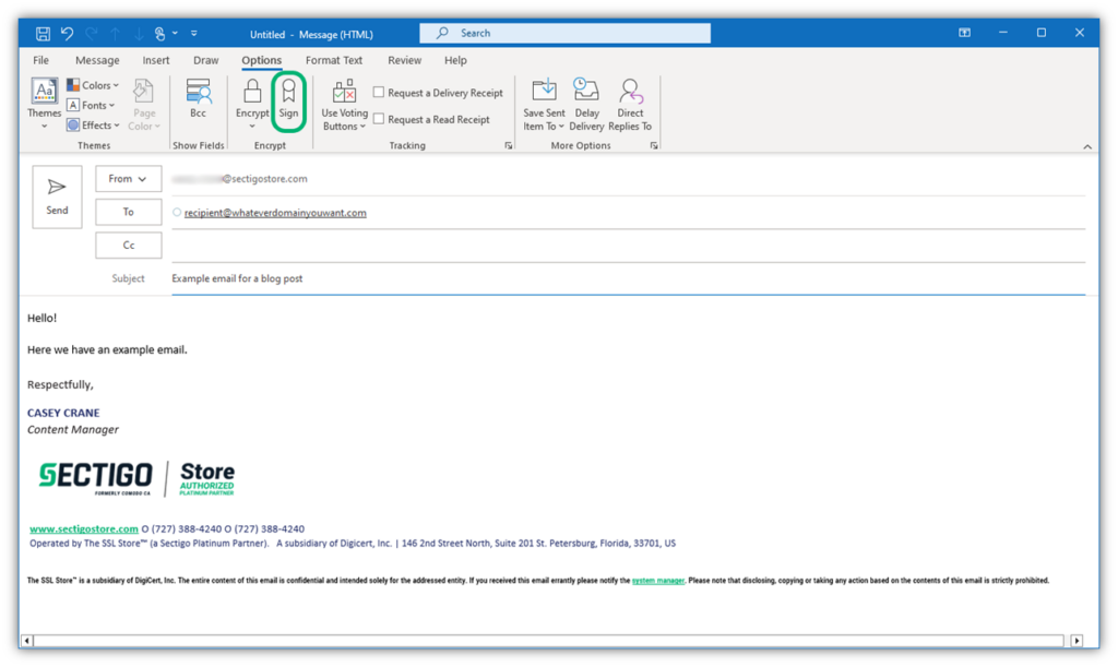 A screenshot of the second step of how to digitally sign an email using Outlook.  Under Options, the Sign tool is selected.