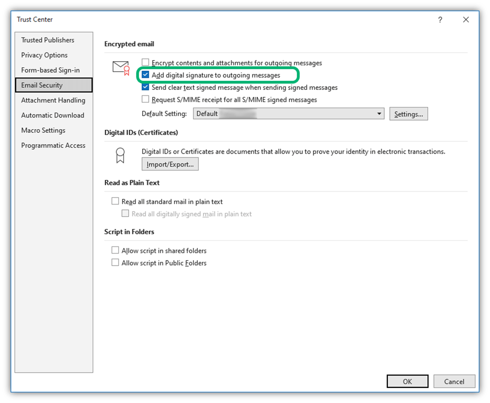 A screenshot of how to add a digital signature to outgoing messages in Outlook