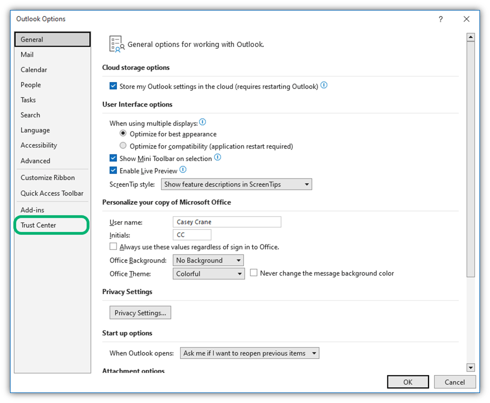 In the Outlook Options windows, select the Trust Center in the left-hand menu.