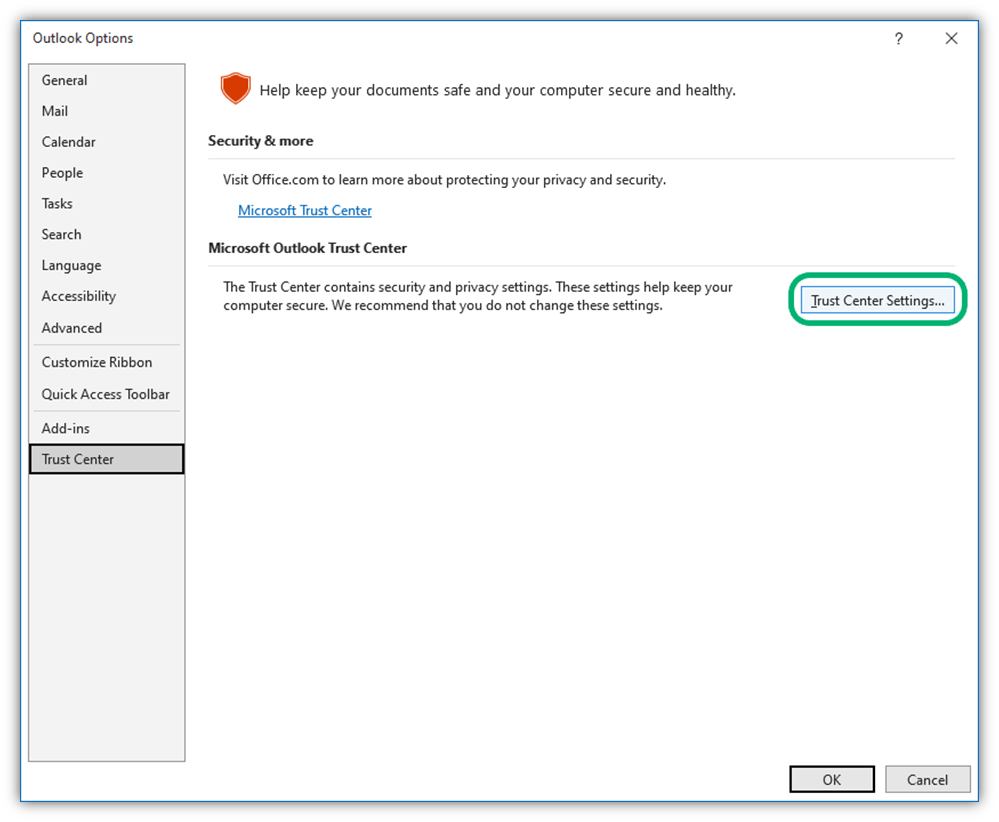 In the Outlook Options Trust Center menu, select Trust Center Settings to bring up a new window where you can select email security settings. 