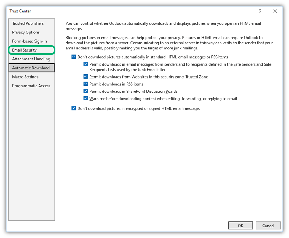 In the Trust Center, select the Email Security tool in the left-hand navigation menu.